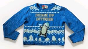 Spencer’s Ugly Christmas Sweater Drink Up B*tches Penguin Funny Holiday Blue